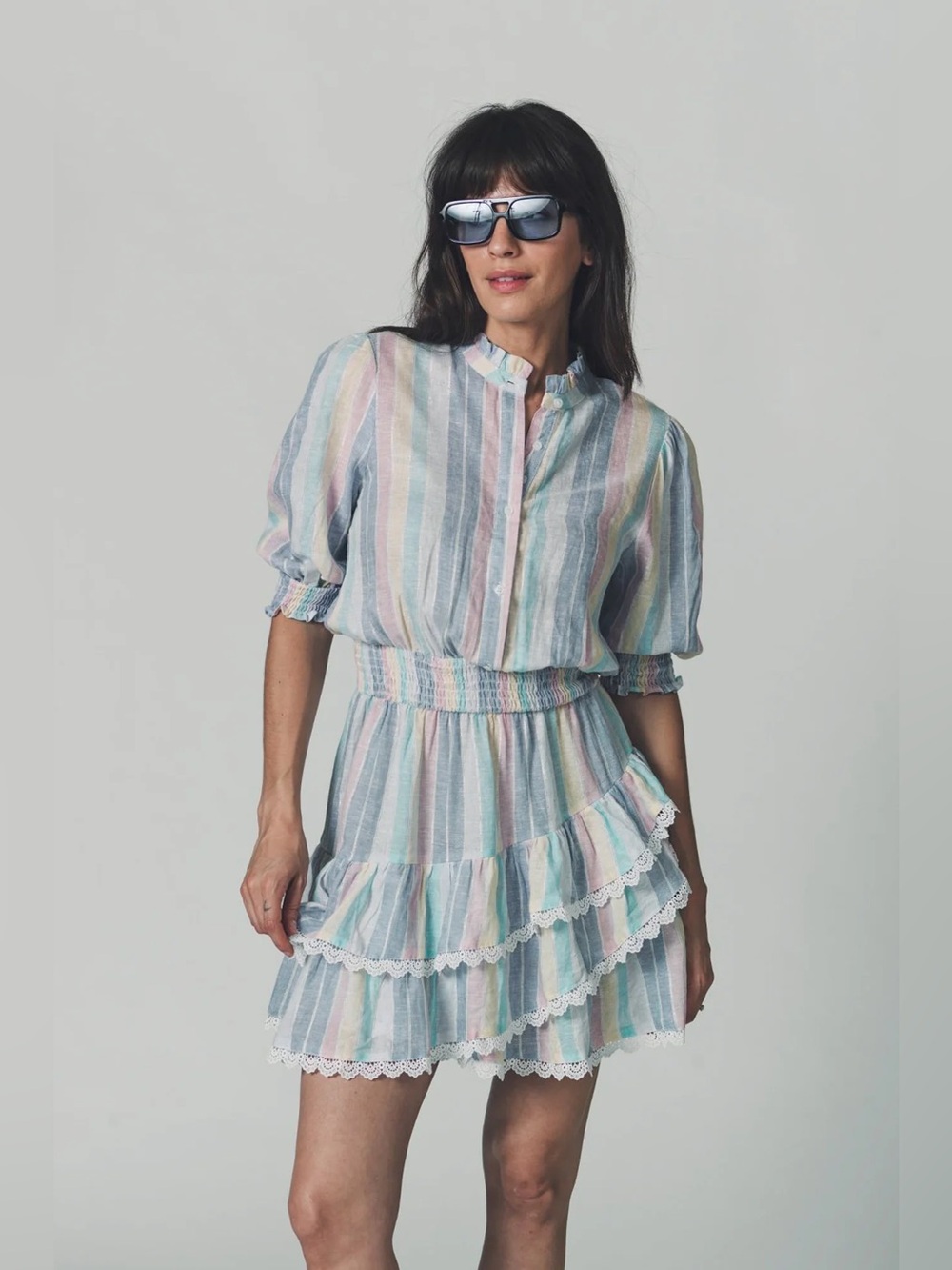 THE SHIRT Rochelle Behrens Brigitte Pastel Stripe Lace Trim Cotton Dress Size L